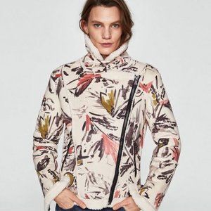 Zara Basics Faux Sherpa Off White Moto Zip Jacket Size Small